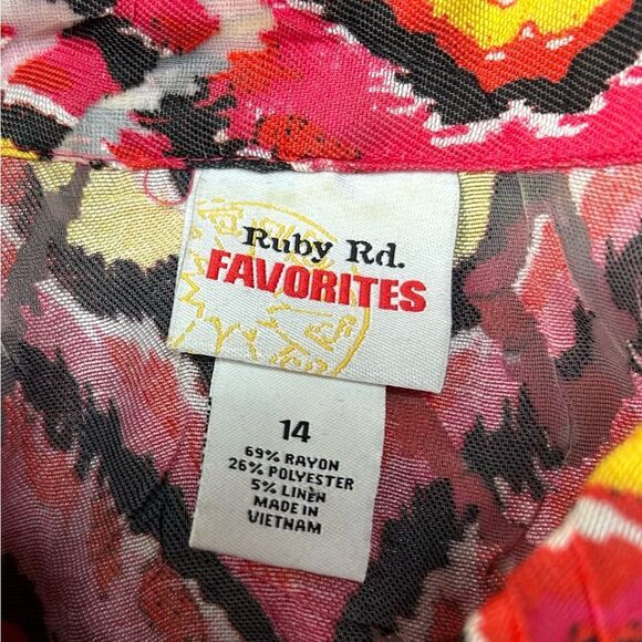 Ruby Rd Womens Red Yellow Brown 3/4 Roll Tab Sleeve Button Front Crop Shacket 14 - Picture 6 of 7